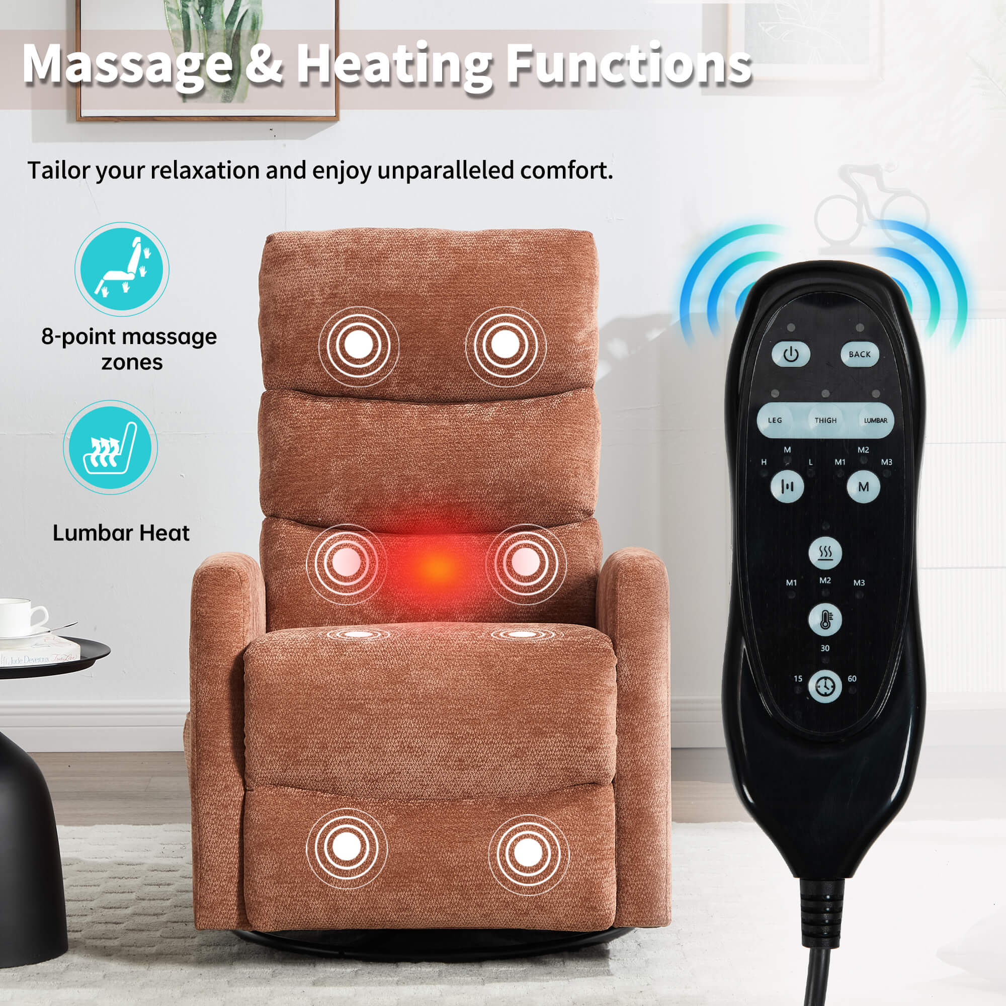 Modern Chenille 360 Swivel Rocker Massage Heat Recliner Chair - Image 4
