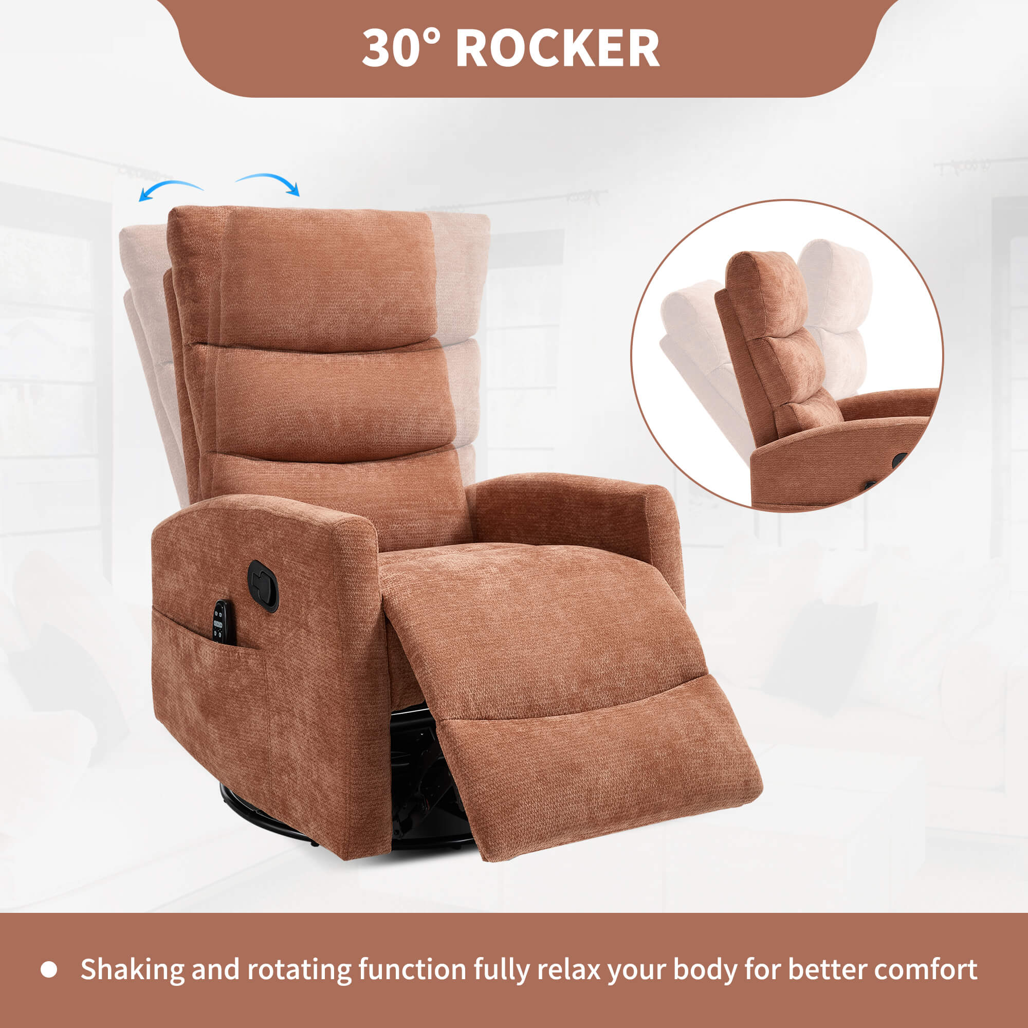 Modern Chenille 360 Swivel Rocker Massage Heat Recliner Chair - Image 5