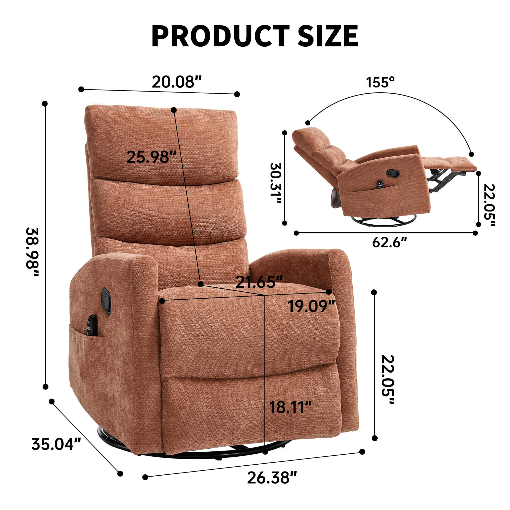 Modern Chenille 360 Swivel Rocker Massage Heat Recliner Chair - Image 7