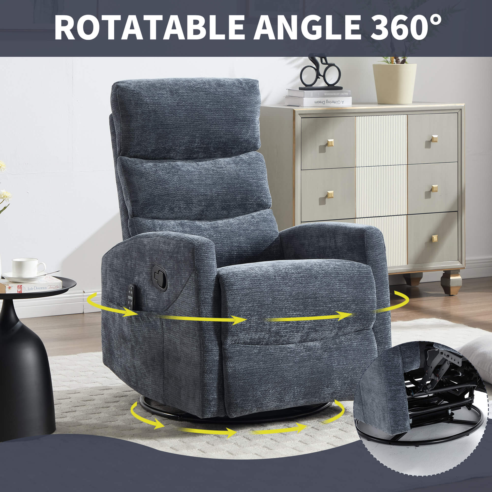 Modern Chenille 360 Swivel Rocker Massage Heat Recliner Chair - Image 9