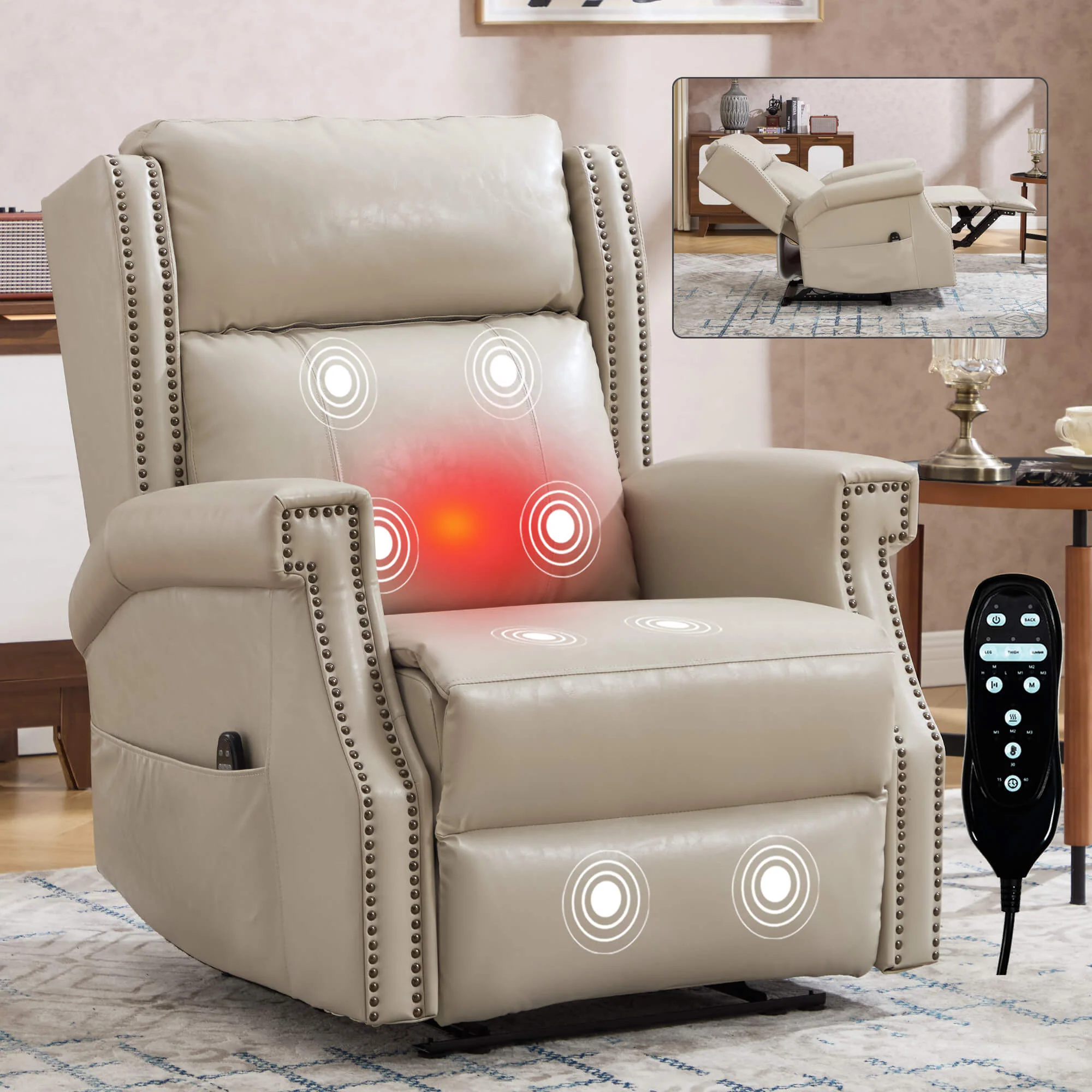Waxed Faux Leather Massage Heat Modern Manual Recliner Chair - Image 17