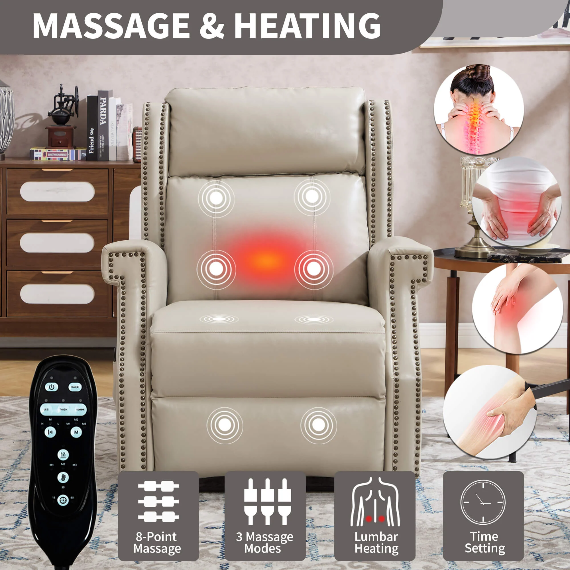 Waxed Faux Leather Massage Heat Modern Manual Recliner Chair - Image 20