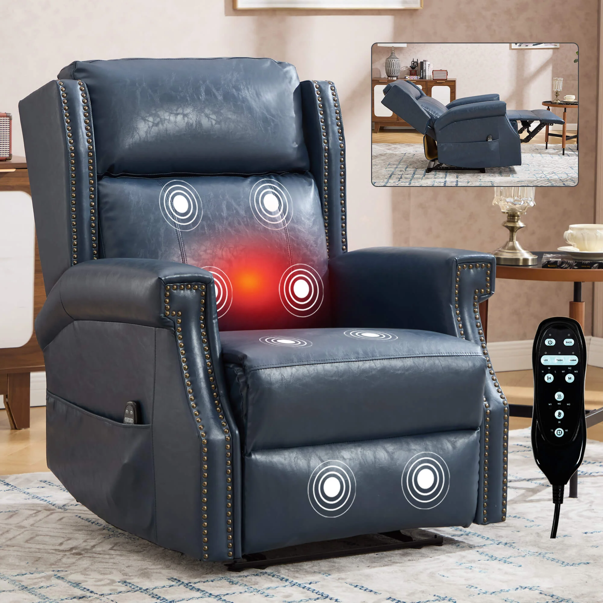 Waxed Faux Leather Massage Heat Modern Manual Recliner Chair - Image 29