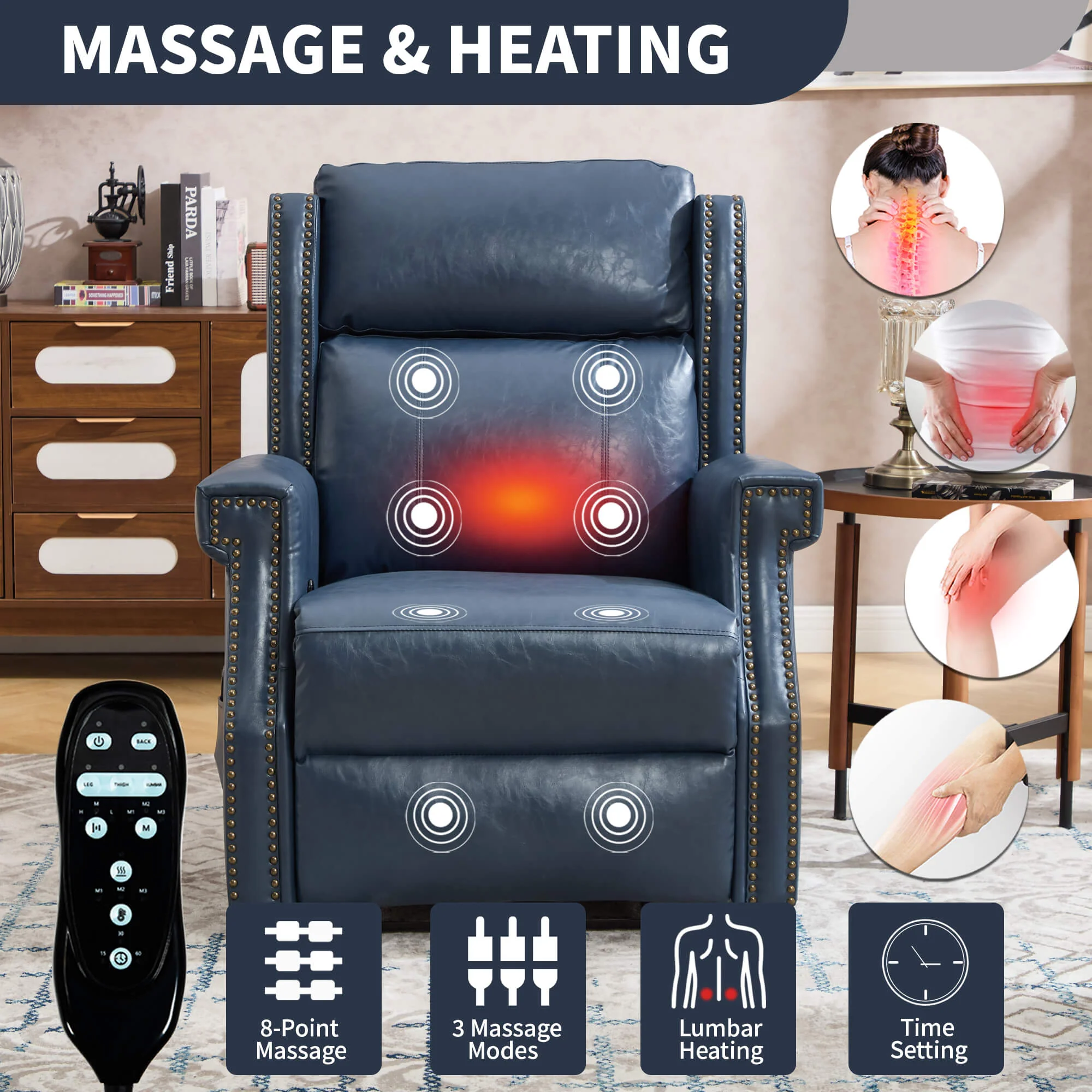 Waxed Faux Leather Massage Heat Modern Manual Recliner Chair - Image 32