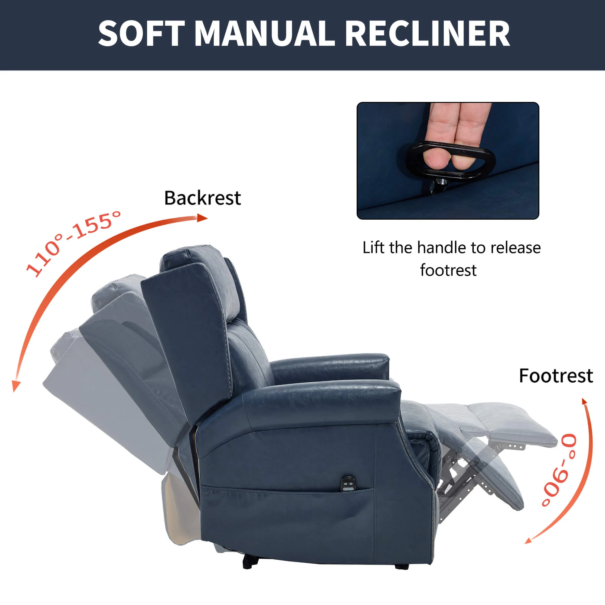 Waxed Faux Leather Massage Heat Modern Manual Recliner Chair - Image 35