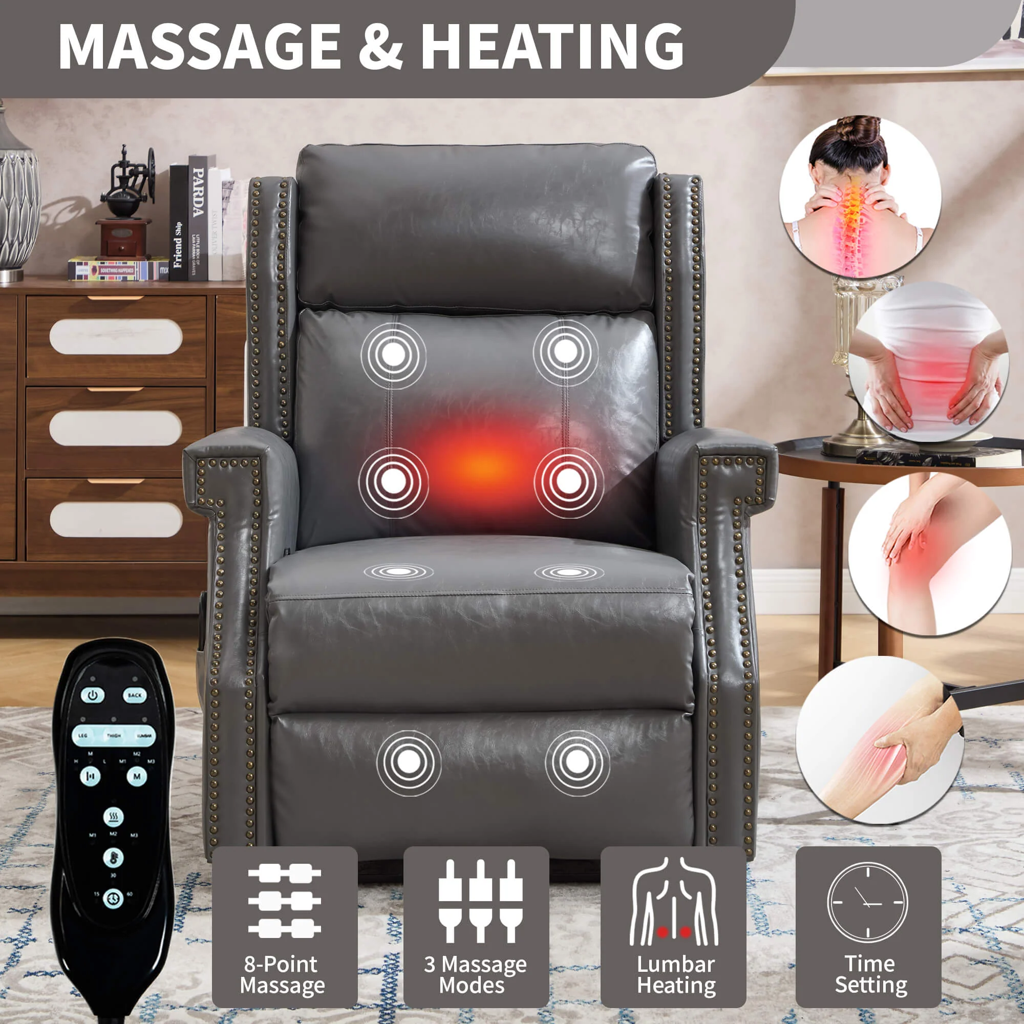 Waxed Faux Leather Massage Heat Modern Manual Recliner Chair - Image 4