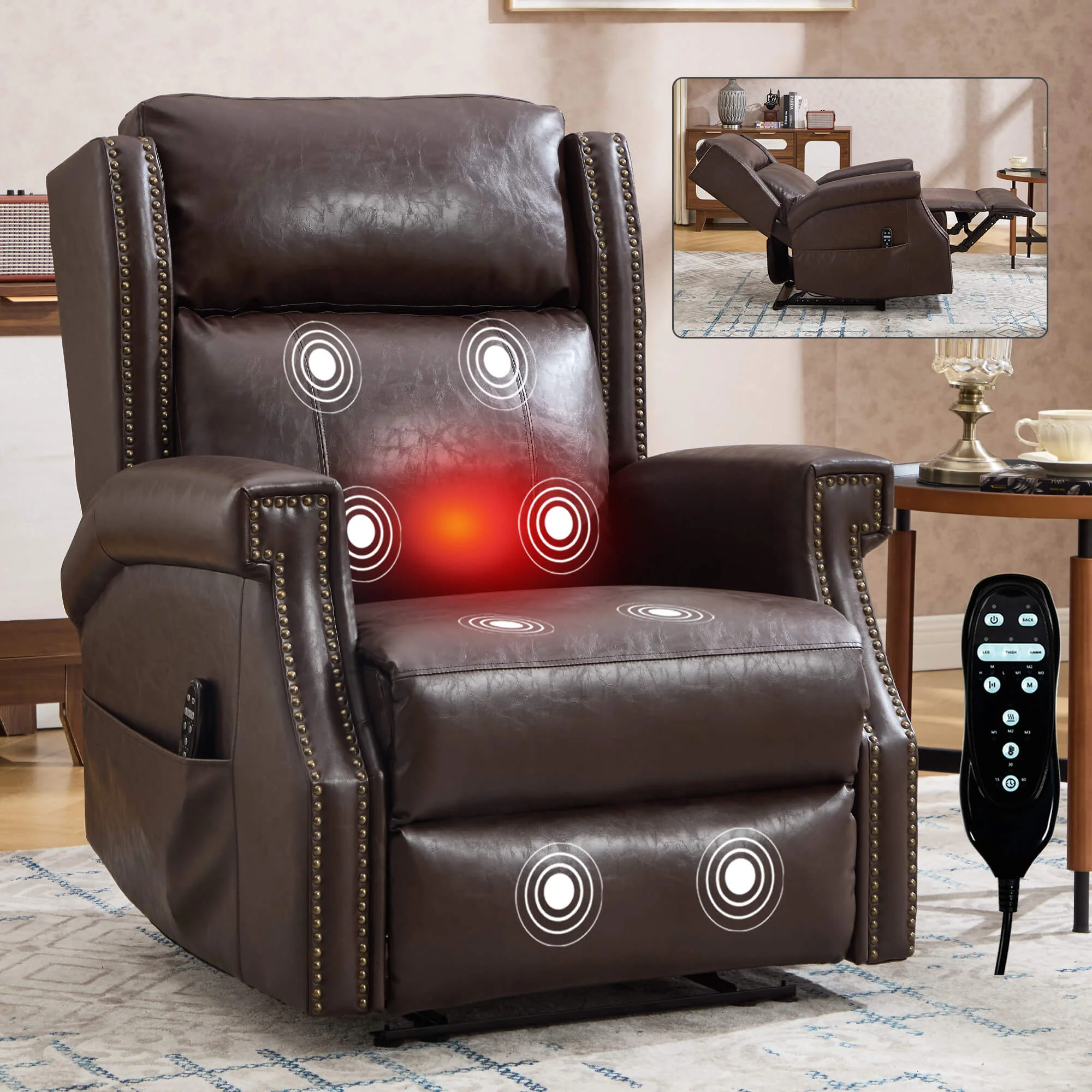 Waxed Faux Leather Massage Heat Modern Manual Recliner Chair - Image 41