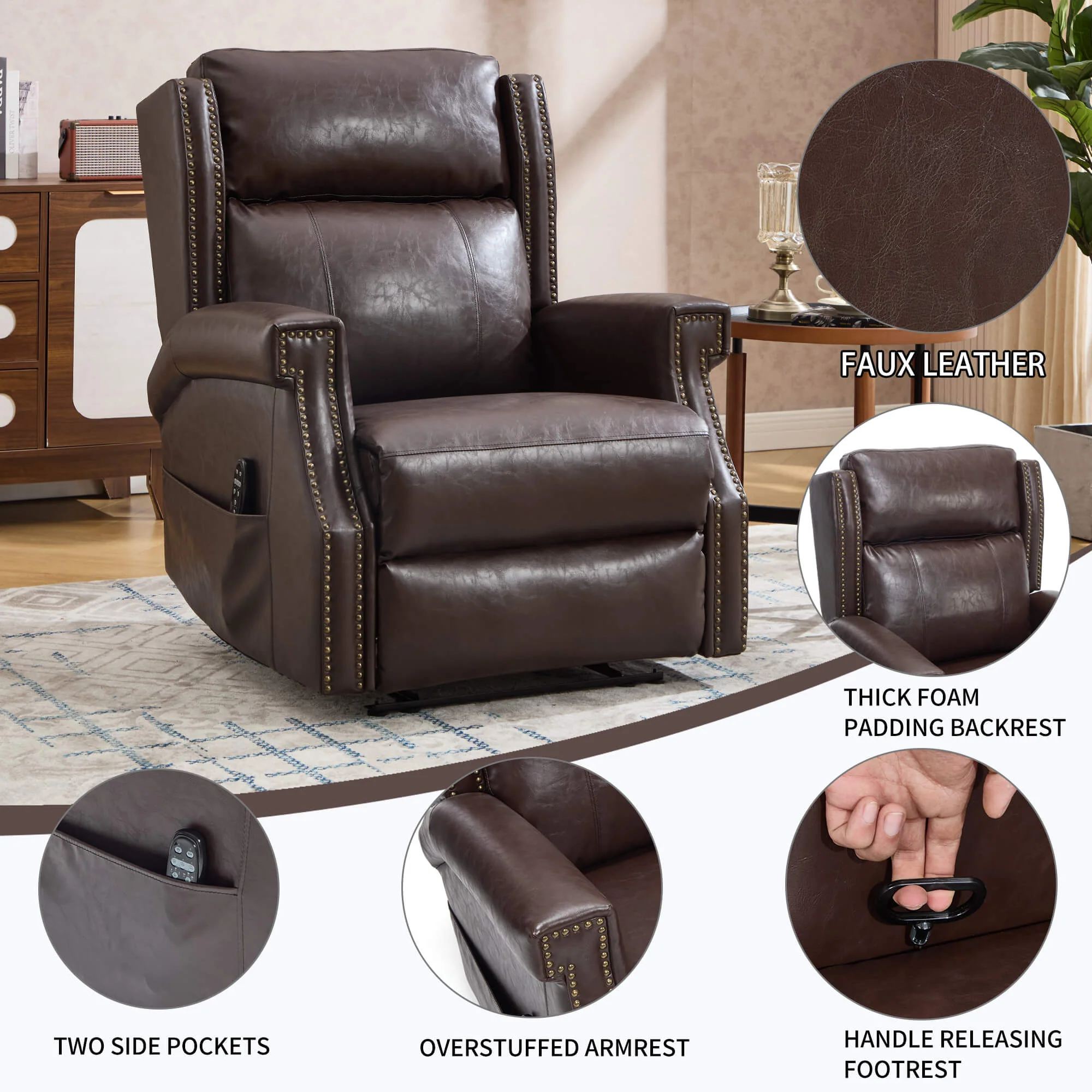 Waxed Faux Leather Massage Heat Modern Manual Recliner Chair - Image 42