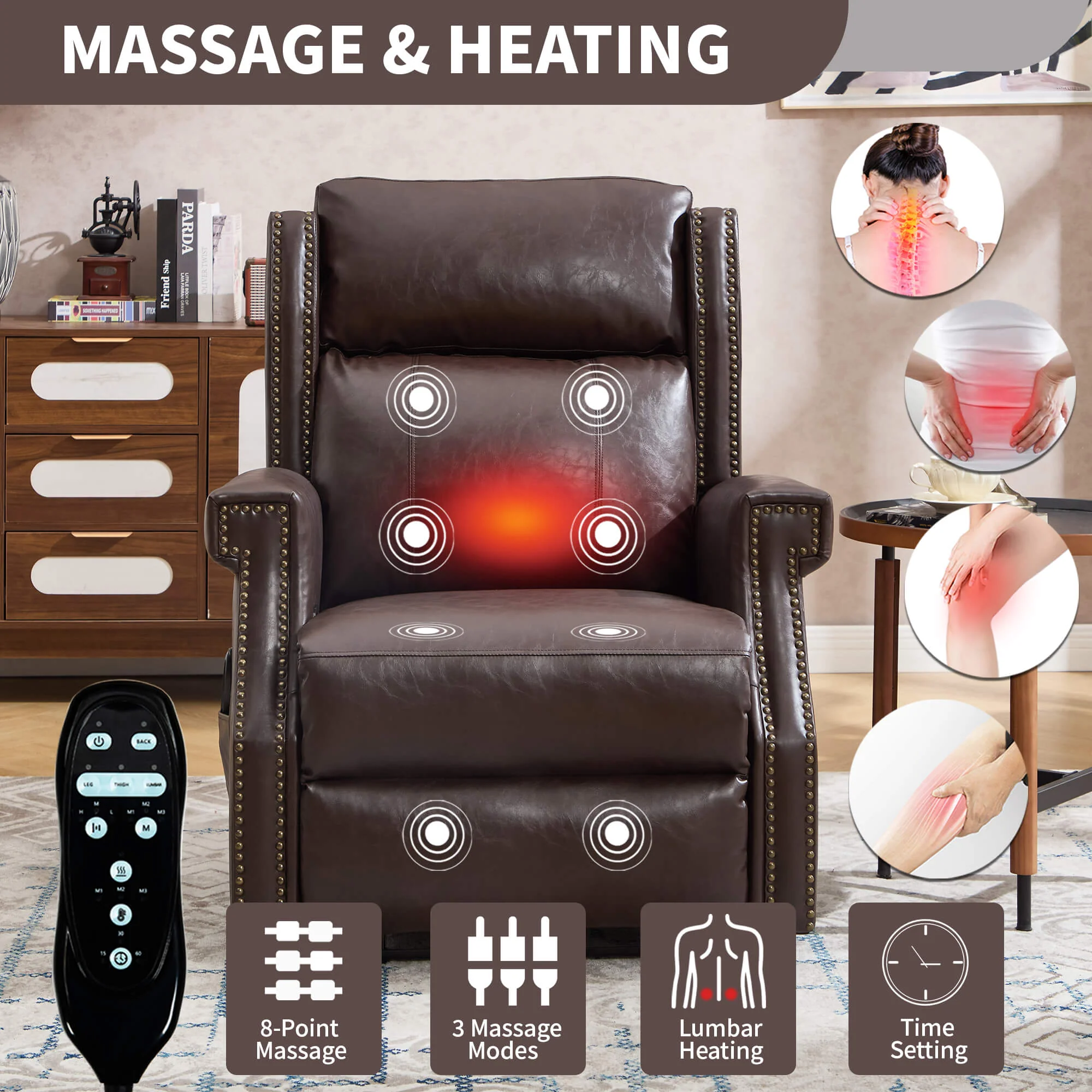 Waxed Faux Leather Massage Heat Modern Manual Recliner Chair - Image 44