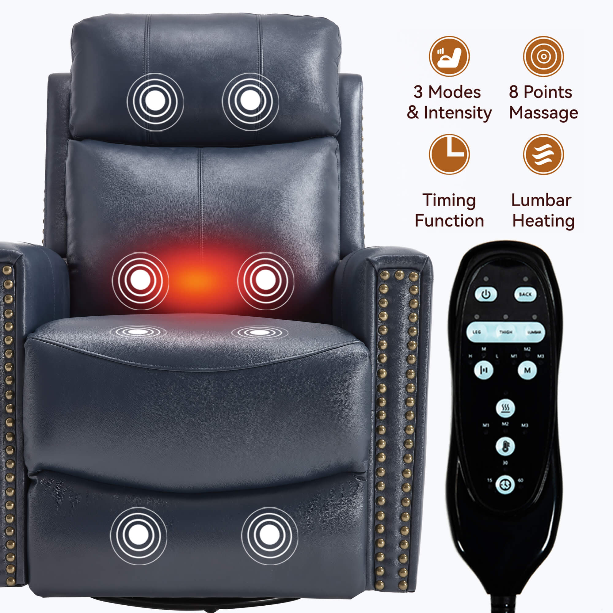 Genuine Leather Manual Swivel Rocker Massage Heat Recliner Chair - Image 10