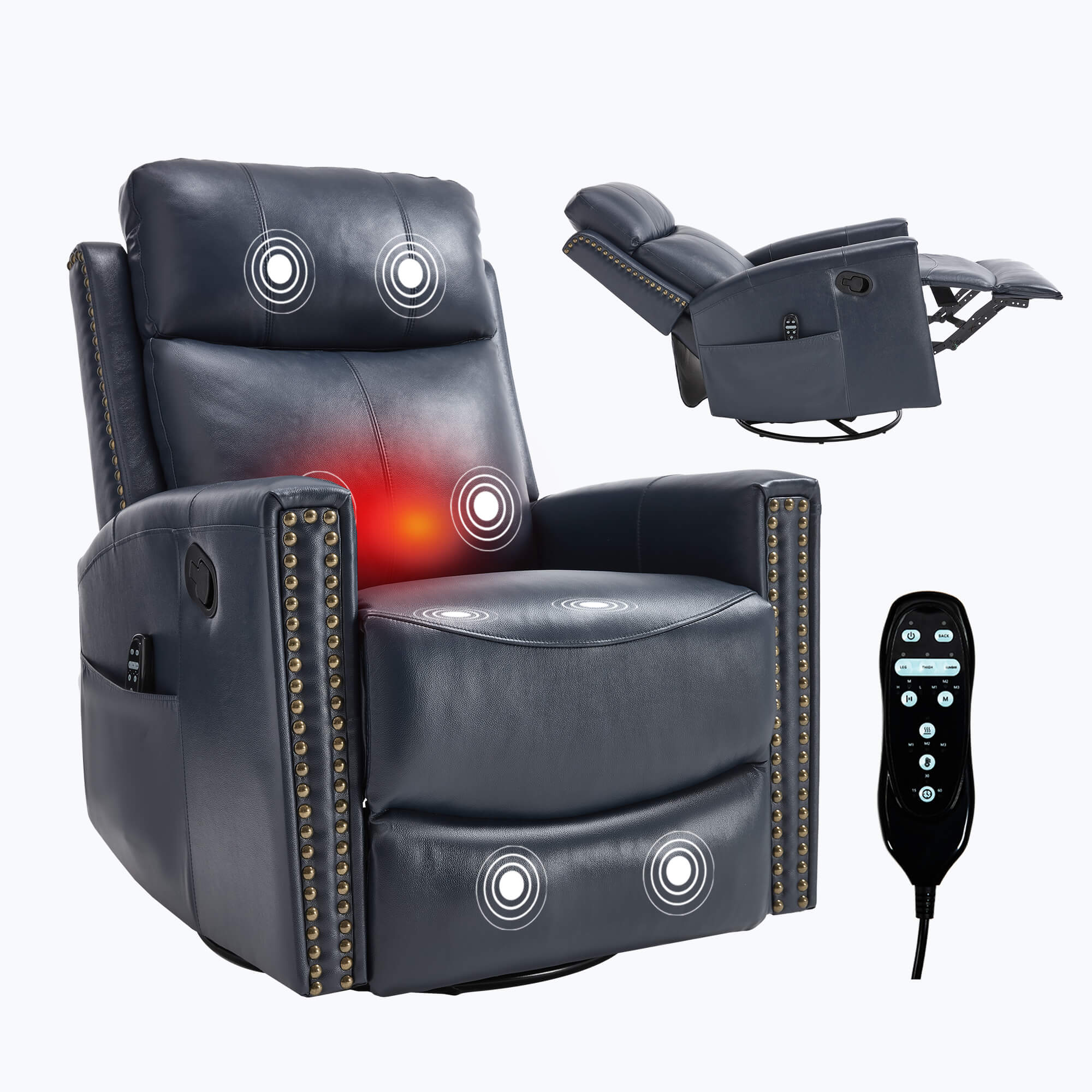 Genuine Leather Manual Swivel Rocker Massage Heat Recliner Chair - Image 11