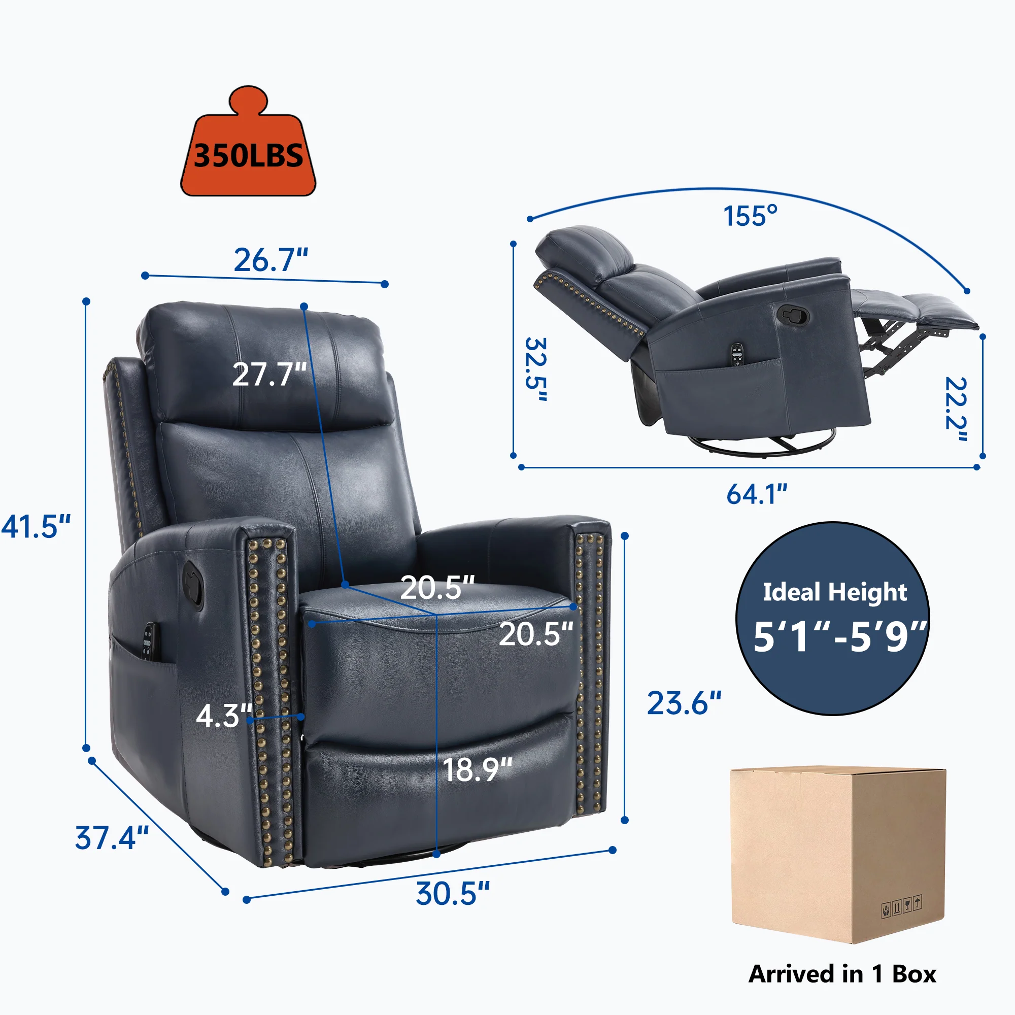 Genuine Leather Manual Swivel Rocker Massage Heat Recliner Chair - Image 12