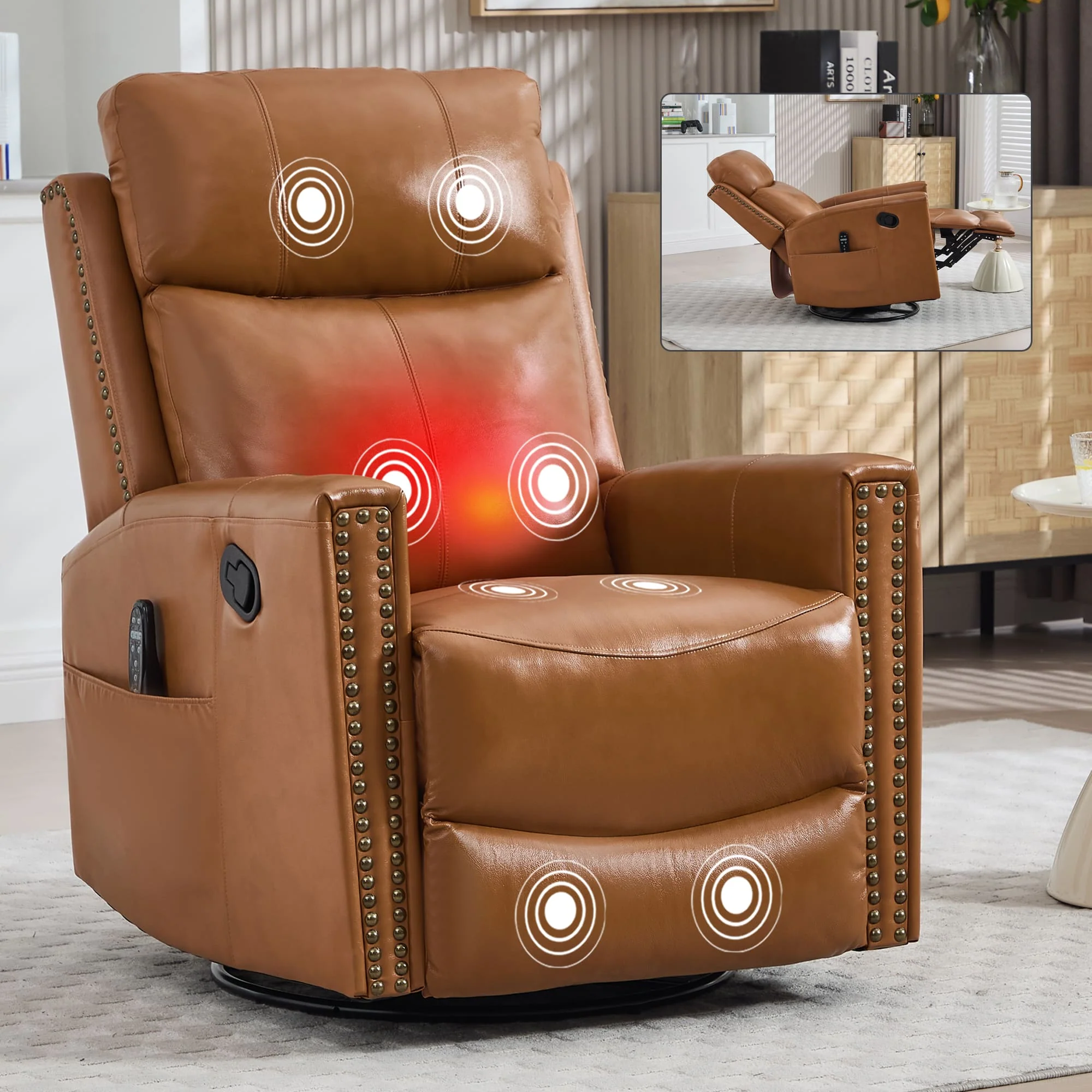 Genuine Leather Manual Swivel Rocker Massage Heat Recliner Chair - Image 13