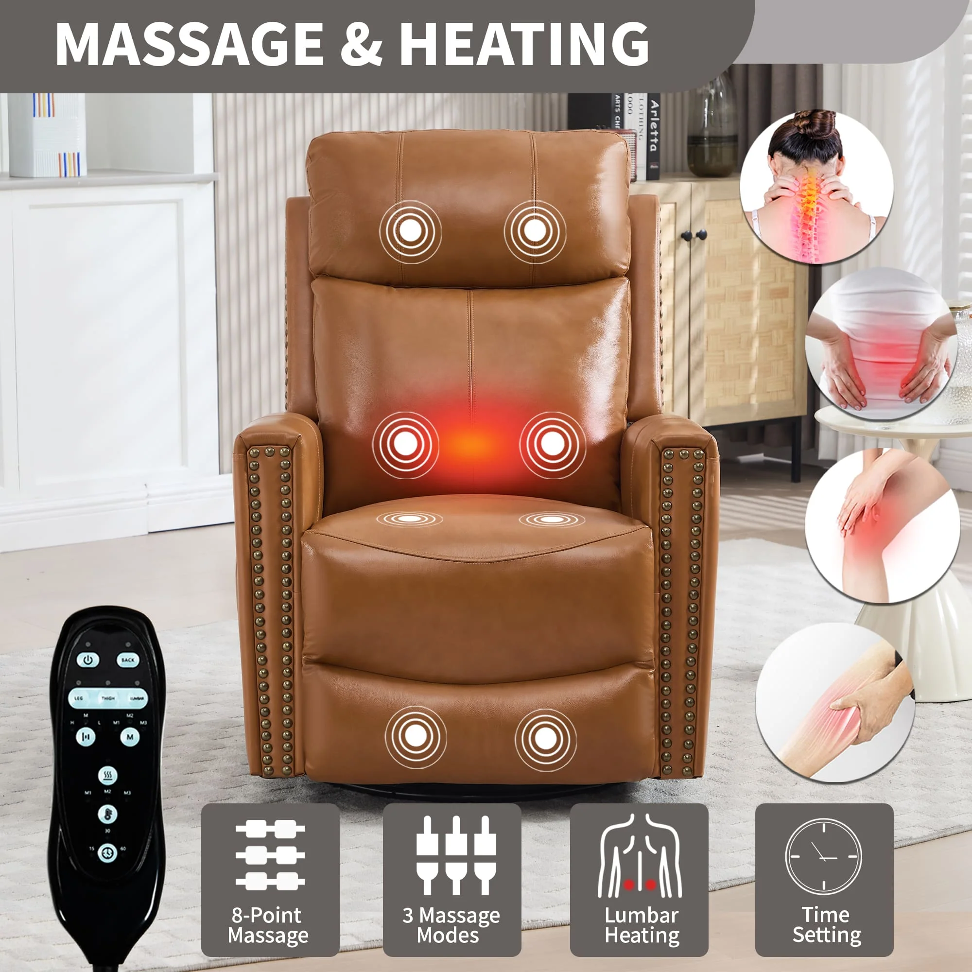 Genuine Leather Manual Swivel Rocker Massage Heat Recliner Chair - Image 14