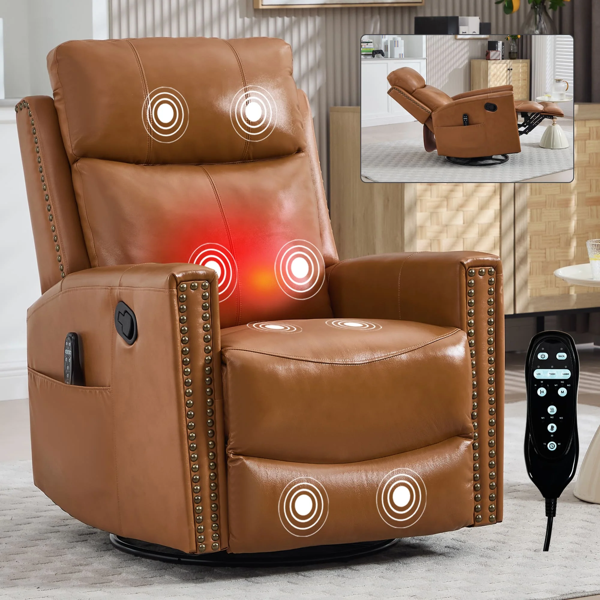 Genuine Leather Manual Swivel Rocker Massage Heat Recliner Chair - Image 15