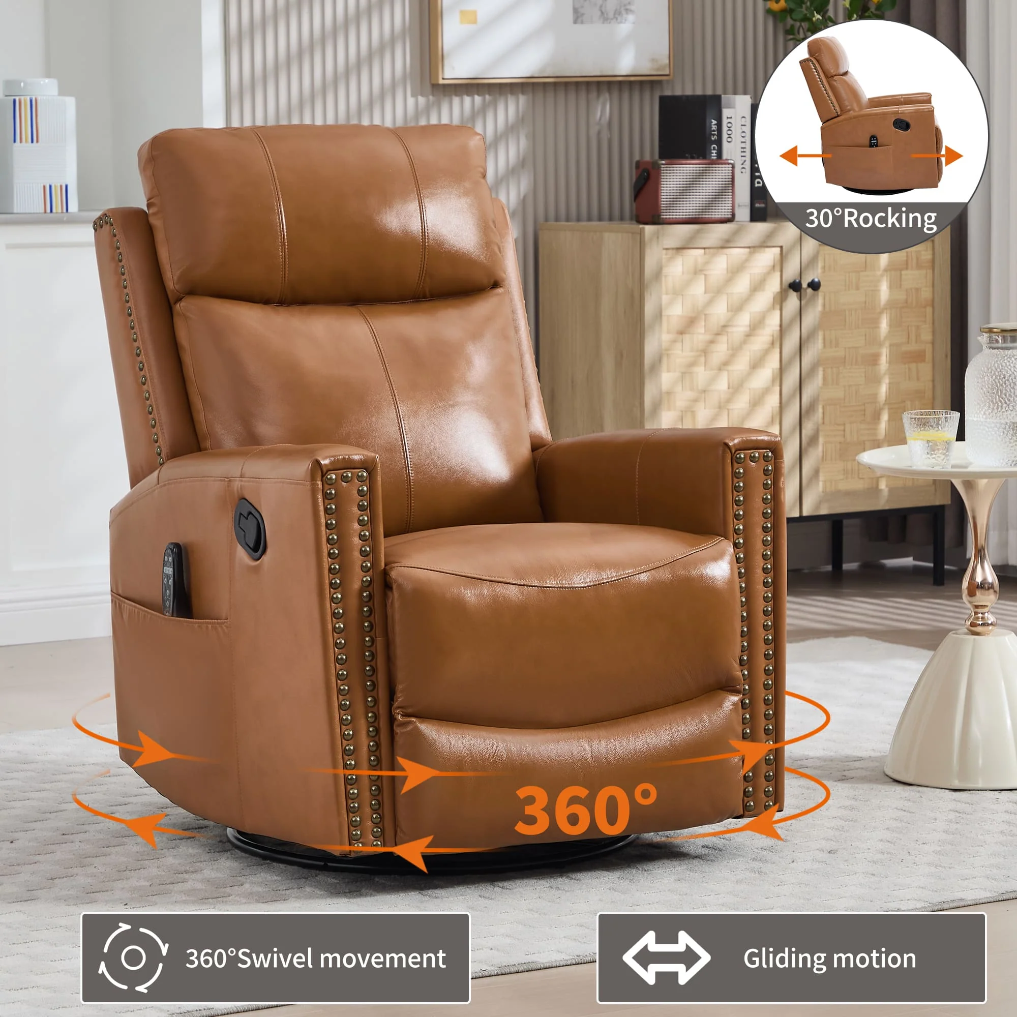 Genuine Leather Manual Swivel Rocker Massage Heat Recliner Chair - Image 16