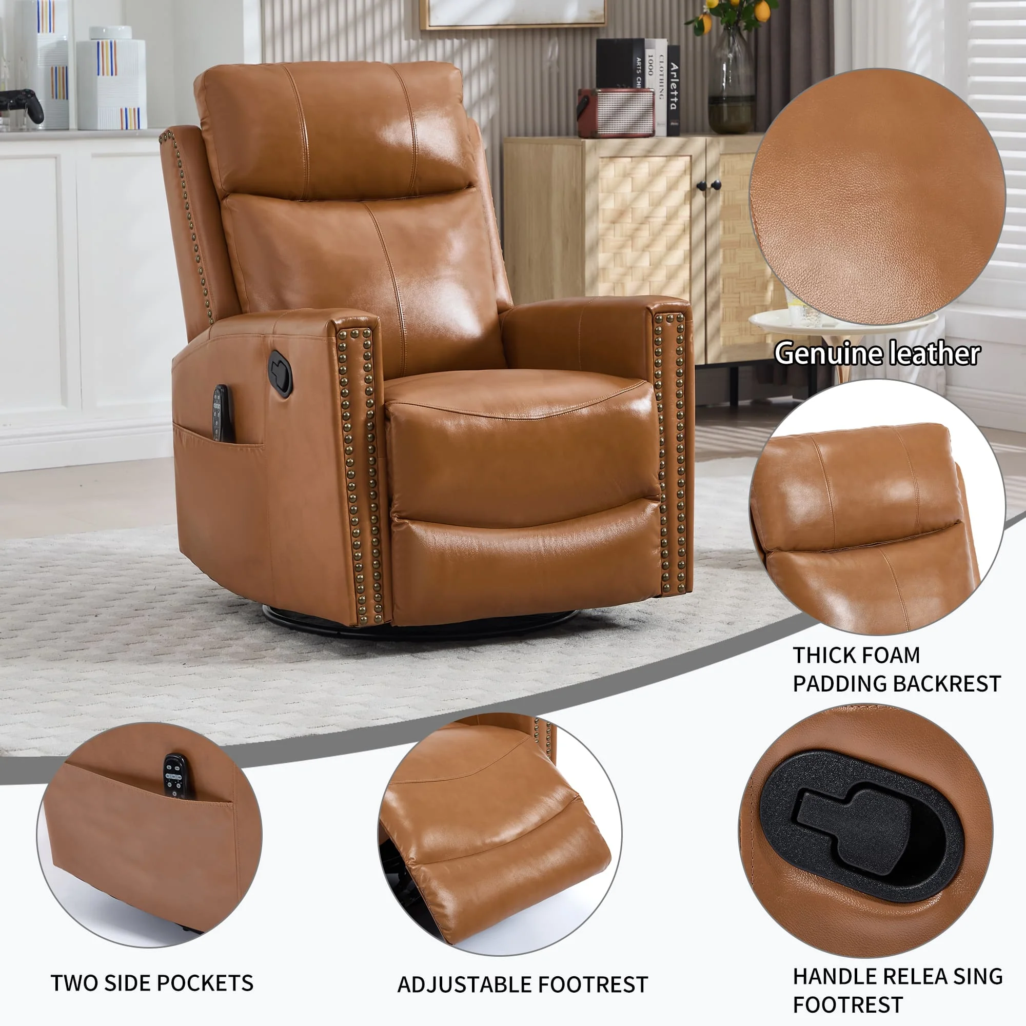 Genuine Leather Manual Swivel Rocker Massage Heat Recliner Chair - Image 17