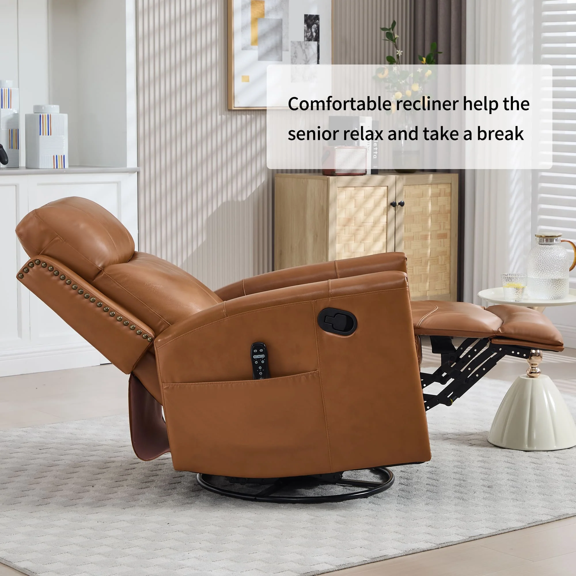Genuine Leather Manual Swivel Rocker Massage Heat Recliner Chair - Image 18