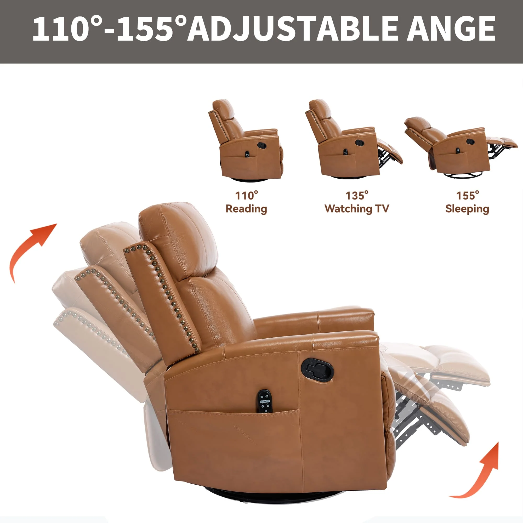 Genuine Leather Manual Swivel Rocker Massage Heat Recliner Chair - Image 19