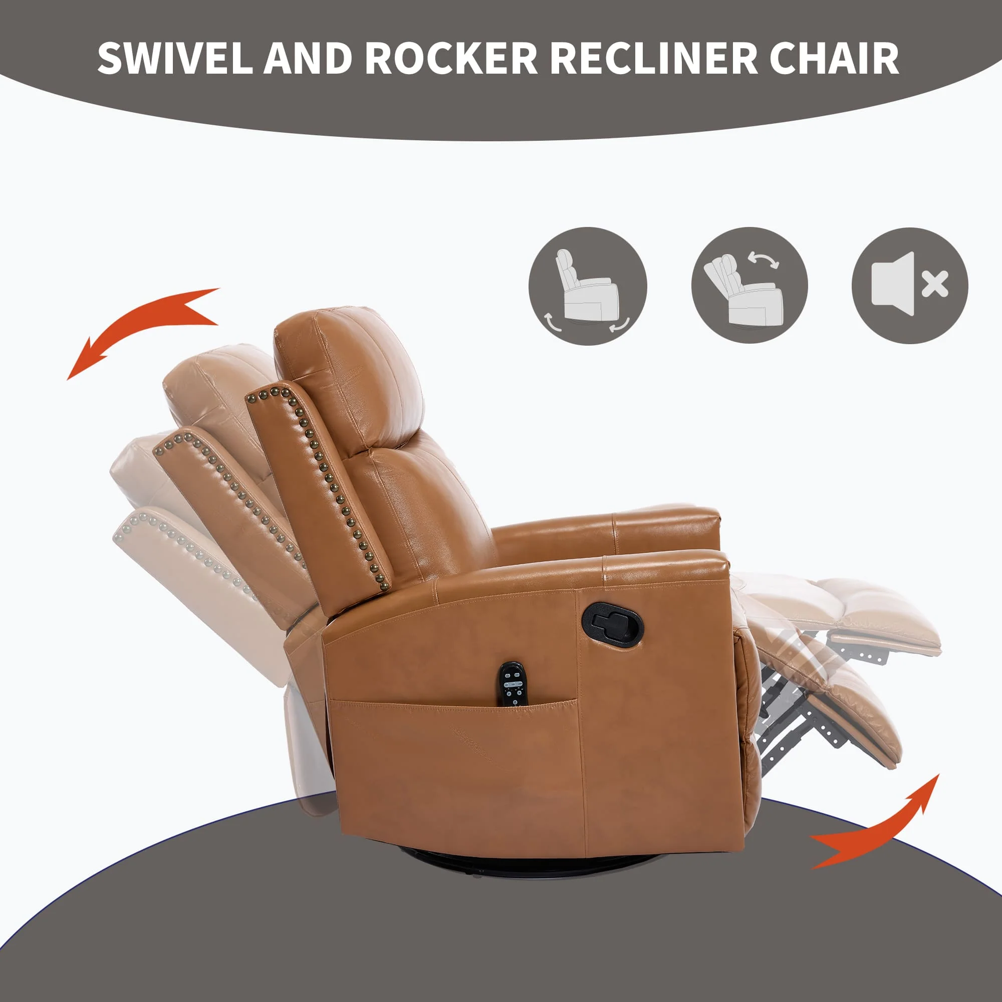 Genuine Leather Manual Swivel Rocker Massage Heat Recliner Chair - Image 20