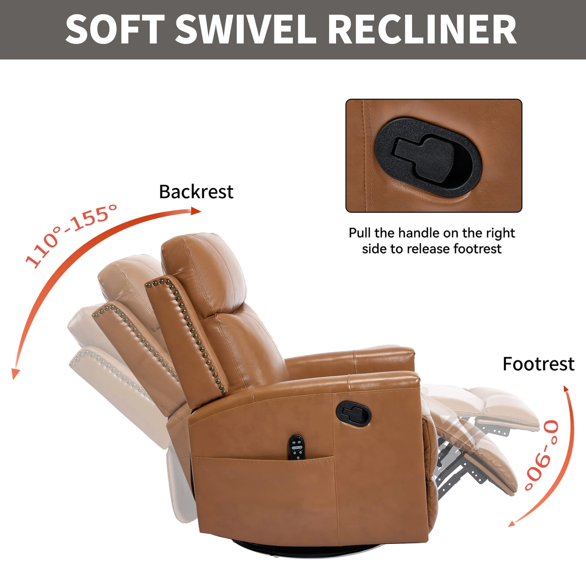 Genuine Leather Manual Swivel Rocker Massage Heat Recliner Chair - Image 21