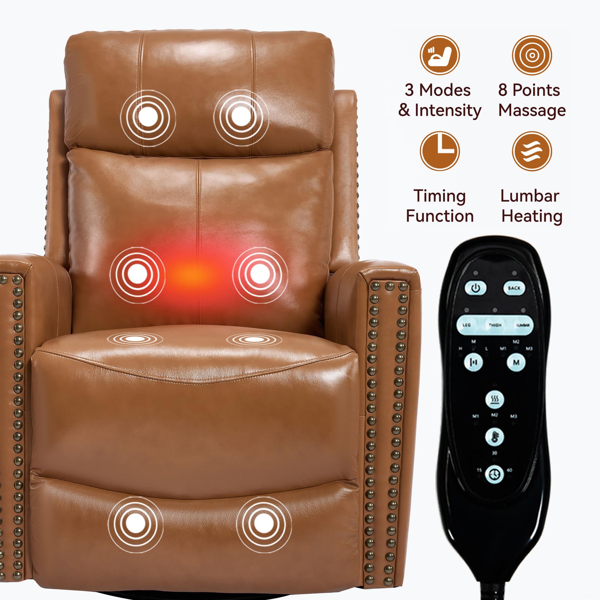 Genuine Leather Manual Swivel Rocker Massage Heat Recliner Chair - Image 22