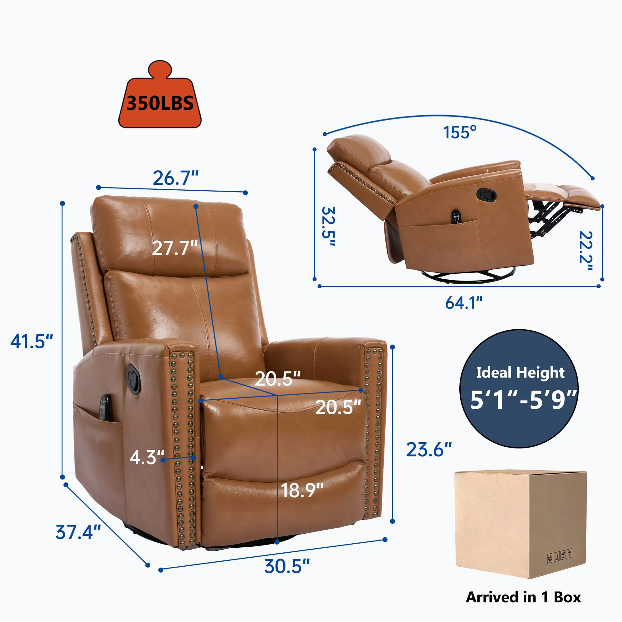 Genuine Leather Manual Swivel Rocker Massage Heat Recliner Chair - Image 23