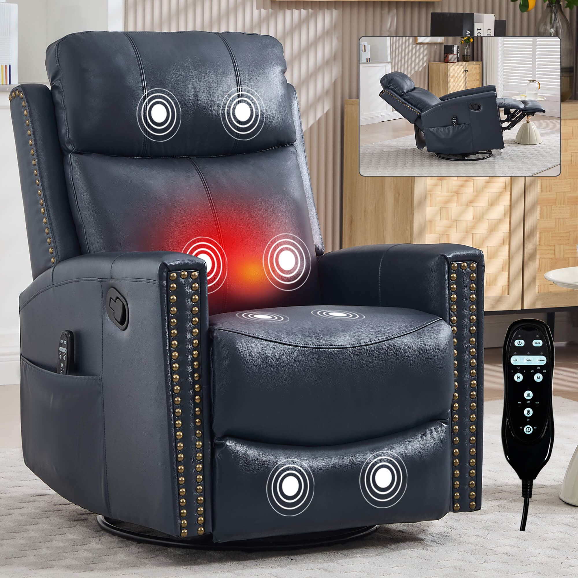 Genuine Leather Manual Swivel Rocker Massage Heat Recliner Chair - Image 3