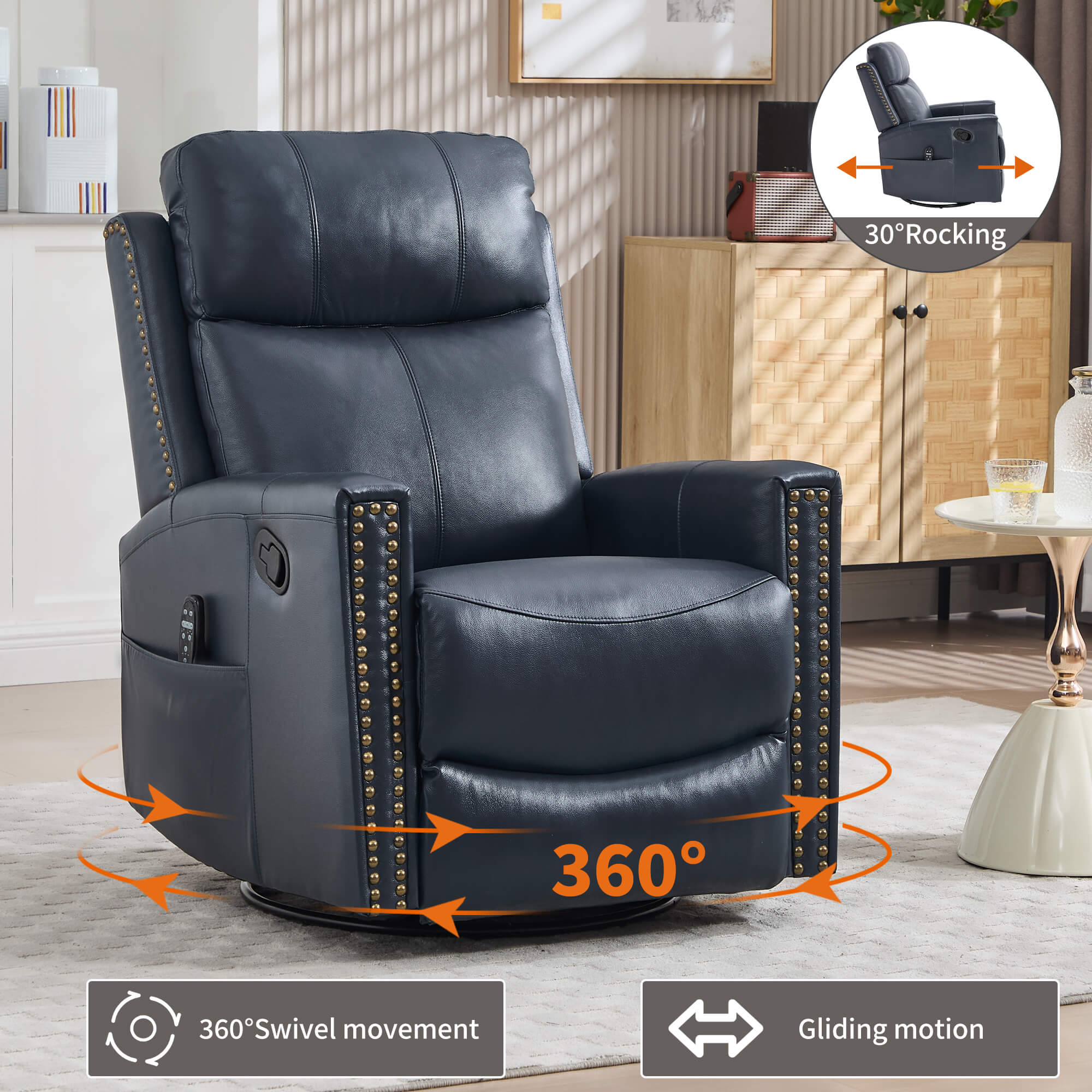 Genuine Leather Manual Swivel Rocker Massage Heat Recliner Chair - Image 4