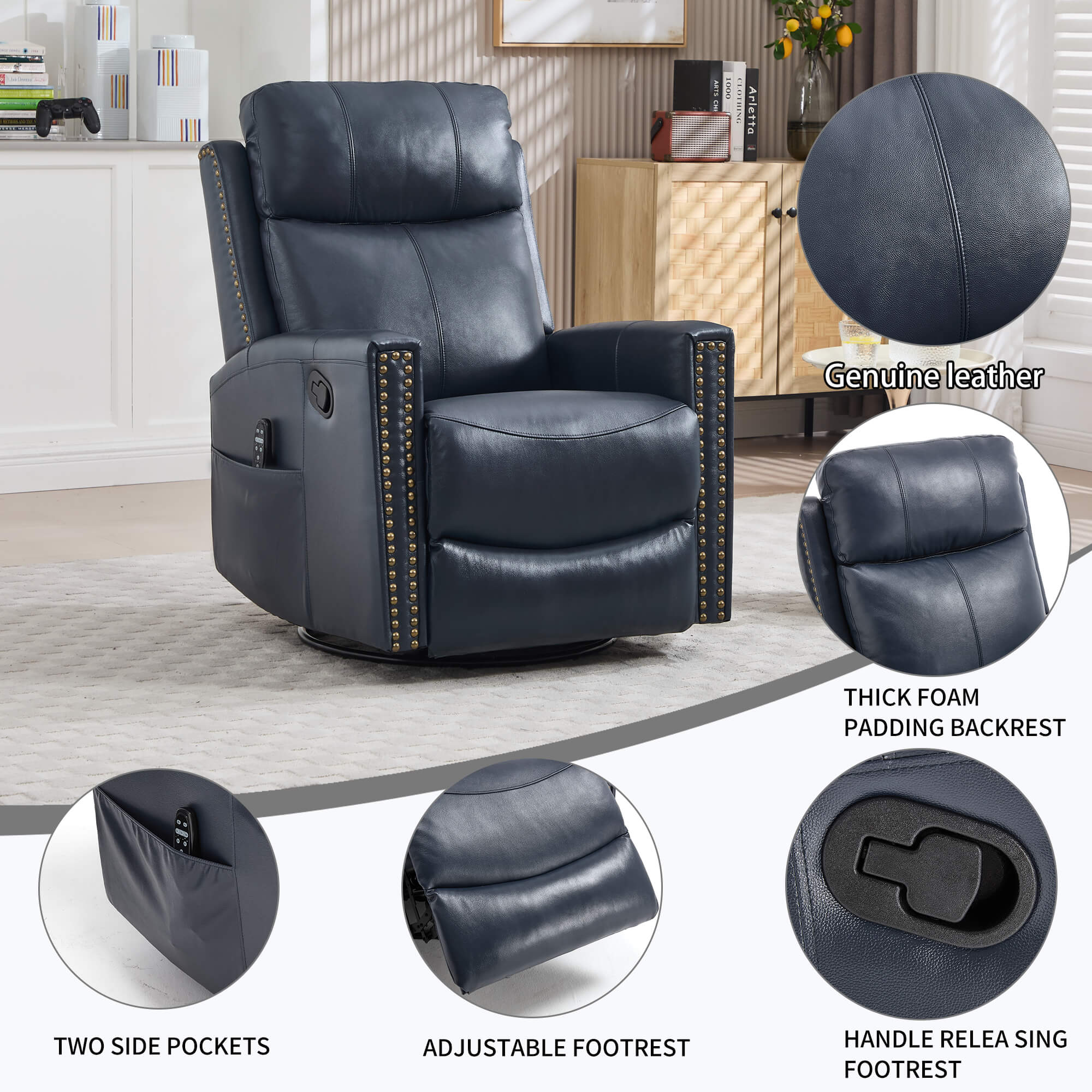 Genuine Leather Manual Swivel Rocker Massage Heat Recliner Chair - Image 5