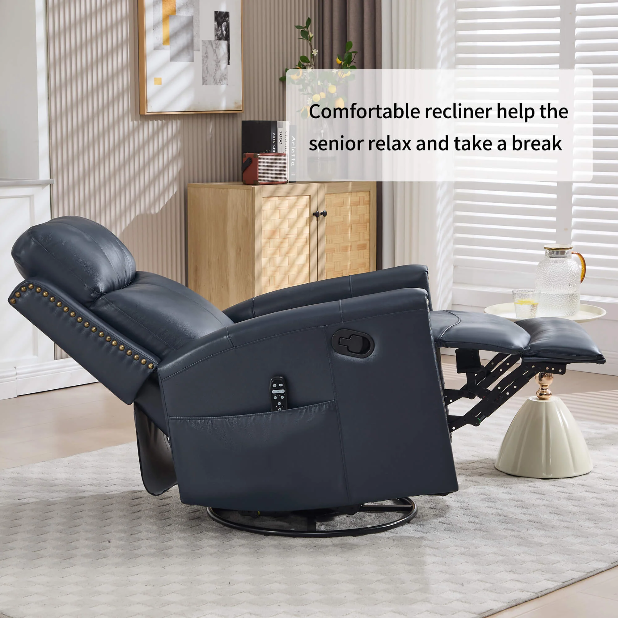 Genuine Leather Manual Swivel Rocker Massage Heat Recliner Chair - Image 6