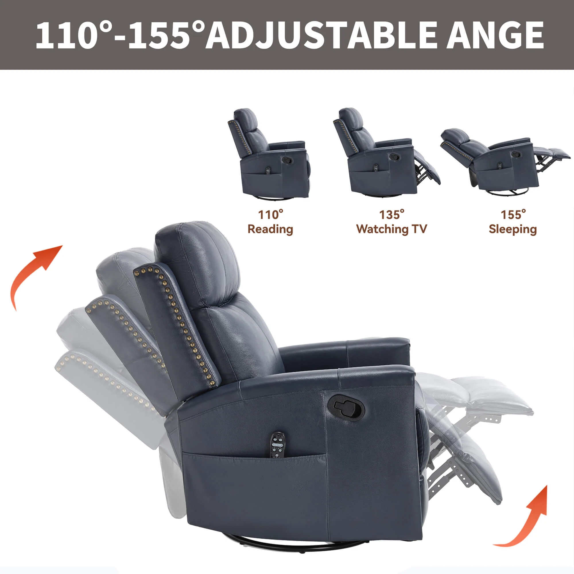 Genuine Leather Manual Swivel Rocker Massage Heat Recliner Chair - Image 7