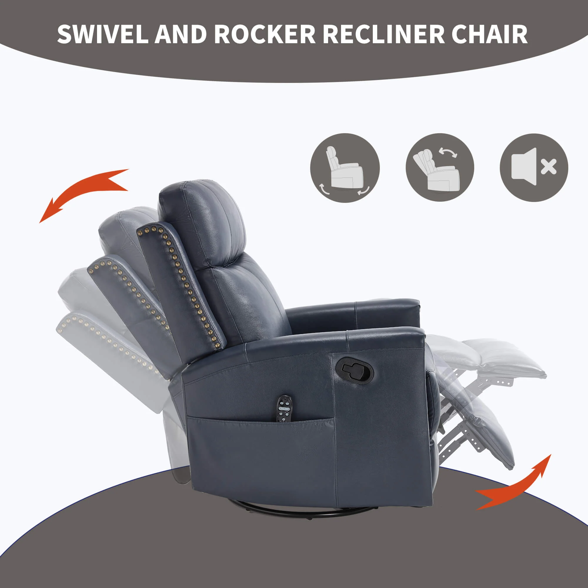 Genuine Leather Manual Swivel Rocker Massage Heat Recliner Chair - Image 8