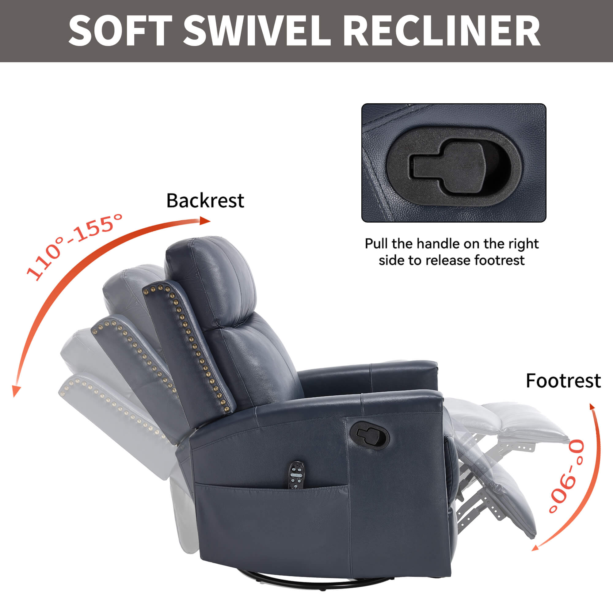 Genuine Leather Manual Swivel Rocker Massage Heat Recliner Chair - Image 9