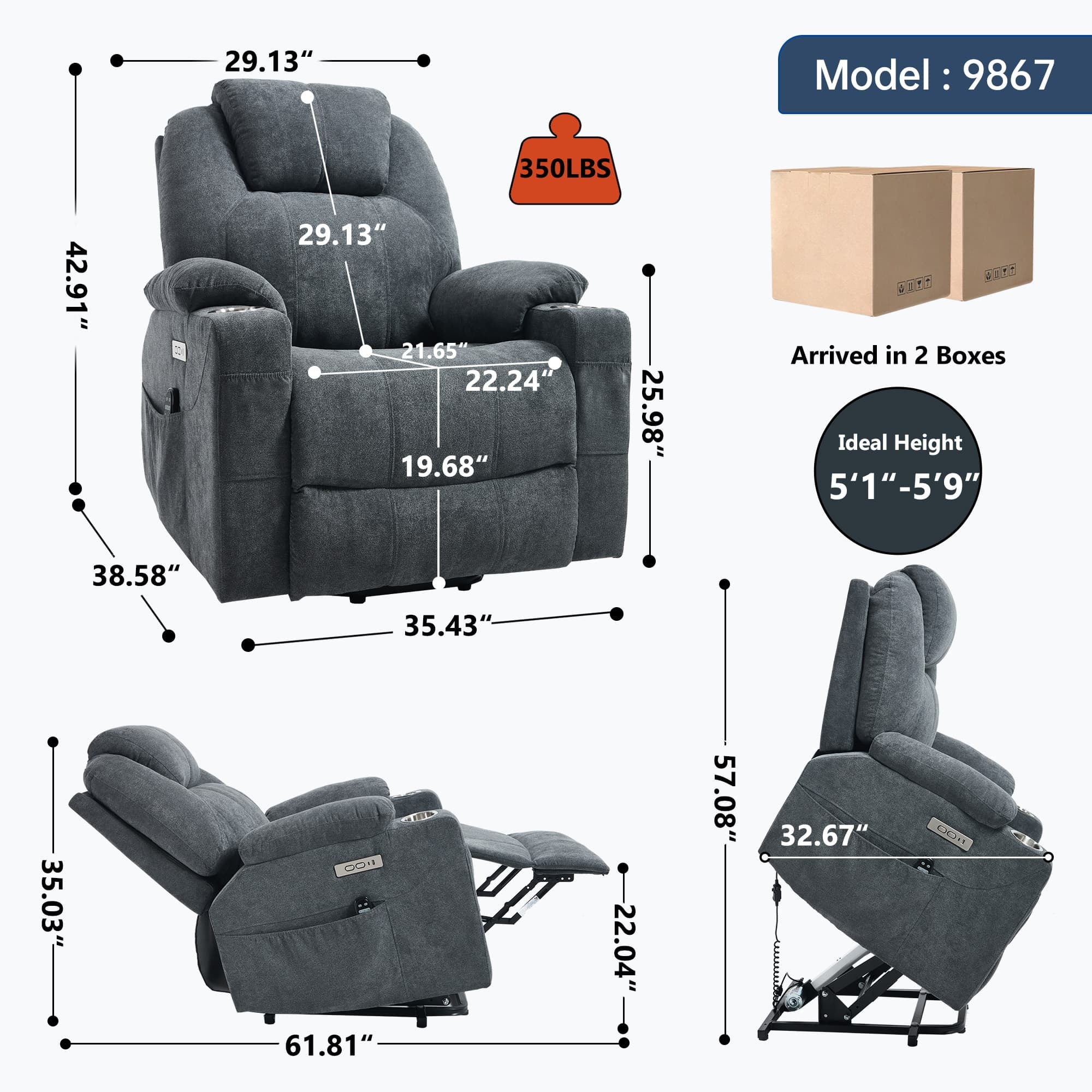 Power Lift Electric Massage Heat USB Recliner Chair - Image 32