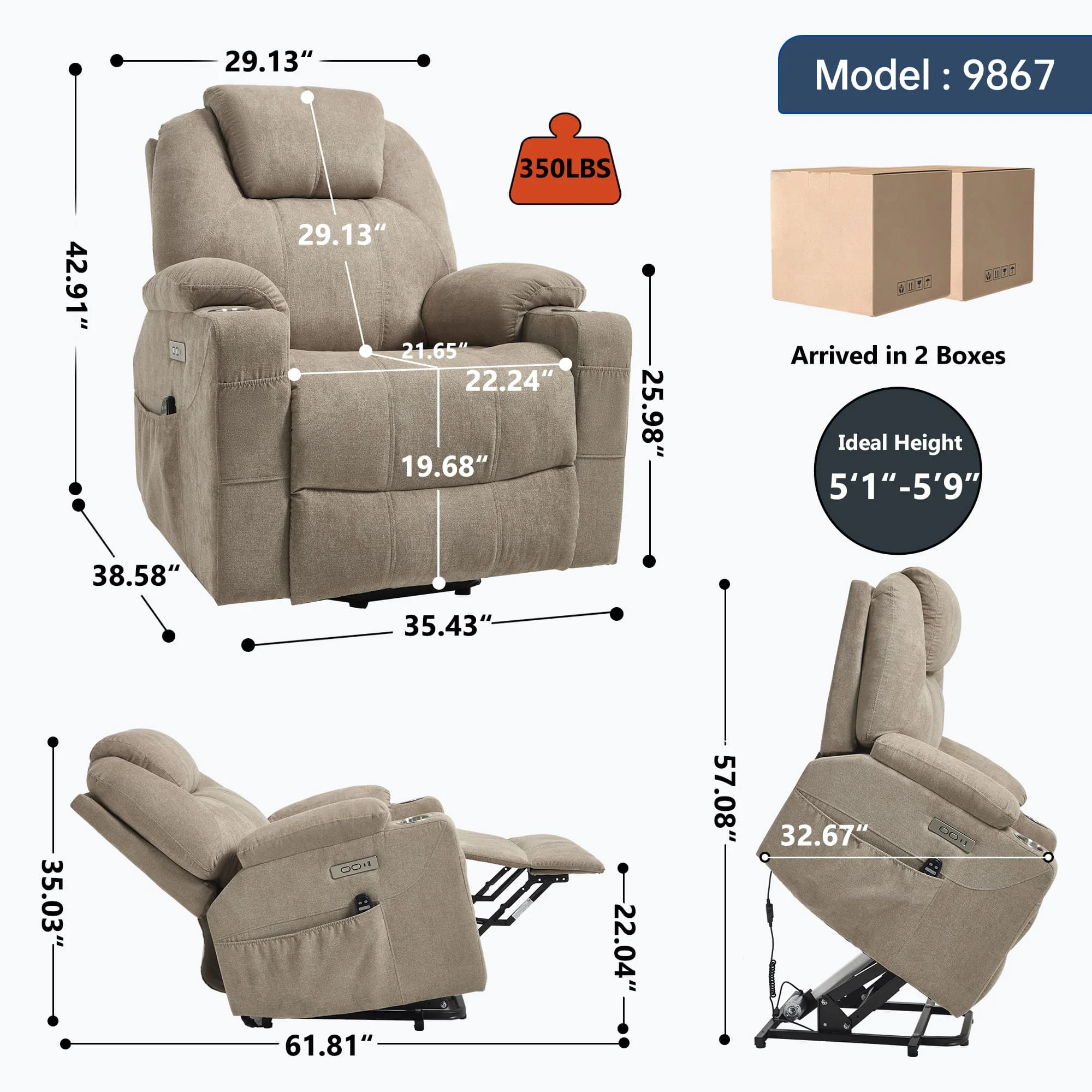 Power Lift Electric Massage Heat USB Recliner Chair - Image 43