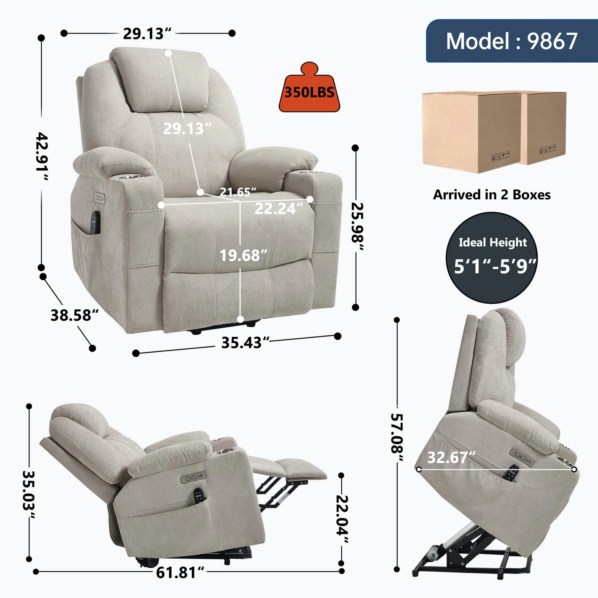 Power Lift Electric Massage Heat USB Recliner Chair - Image 57