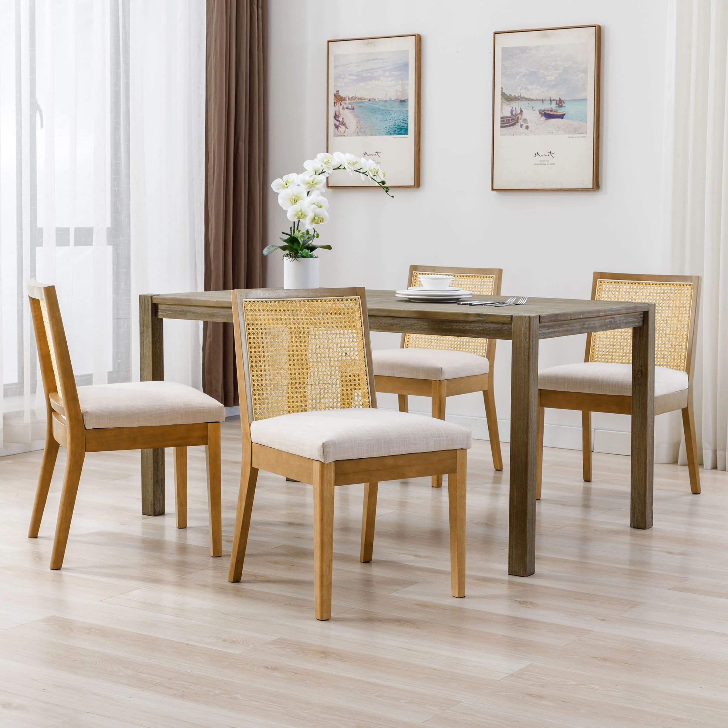 Square Rattan Back Linen Beige Dining Chairs Set of 2 - 1932DC - Image 13