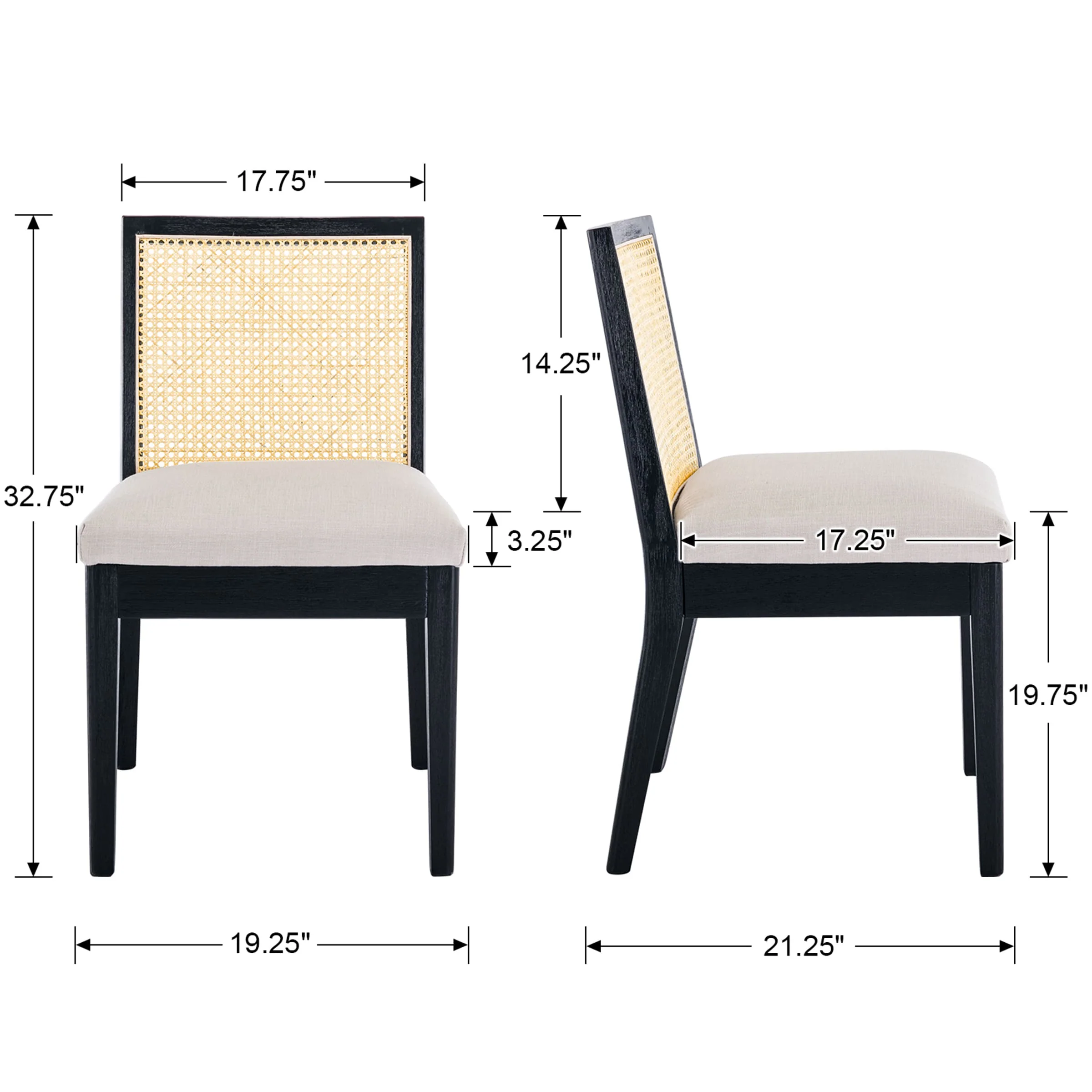 Square Rattan Back Linen Beige Dining Chairs Set of 2 - 1932DC - Image 9